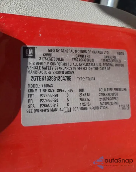 2008 GMC Sierra K1500 z USA, uszkodzony, nr VIN 2GTEK133881304785